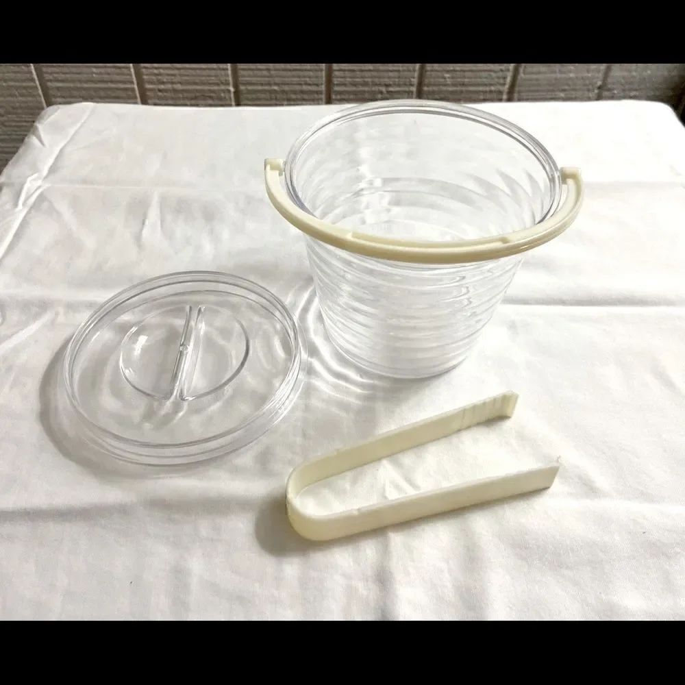 Vintage MCM Plastic Ribbed Ice Bucket w Cream Handle and Tongs EVC.